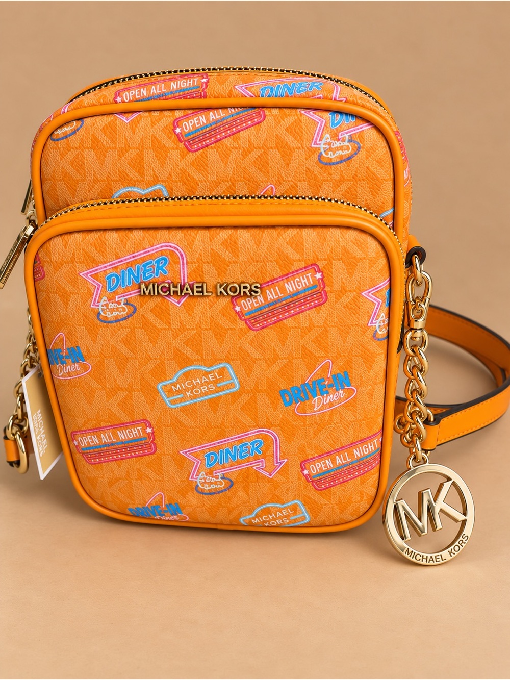 Michael Kors Jet Set Travel Pop Orange Chain Crossbody NWT + MK Charm